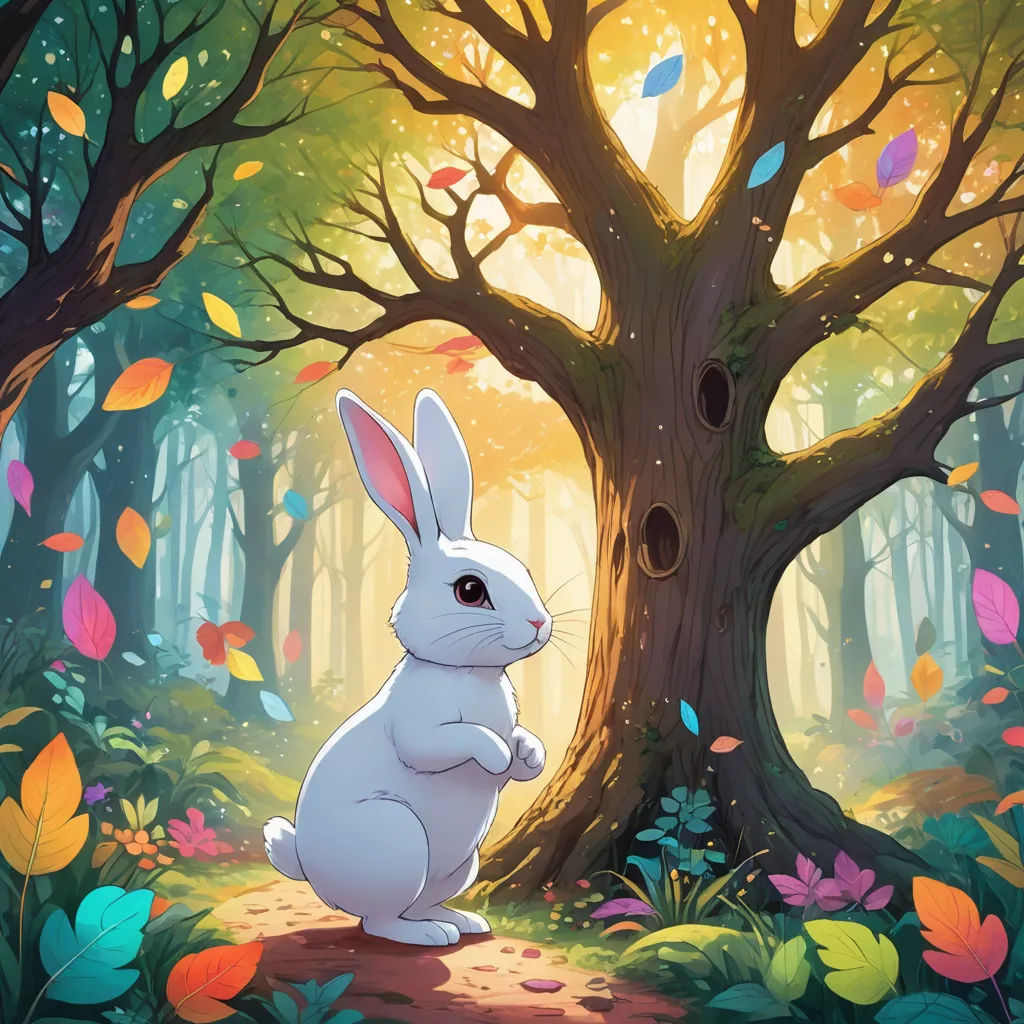 a white rabbit sitting in the middle of a forest with a tree in the background and leaves on the ground, fantasy art, a storybook illustration, Chris LaBrooy, rossdraws global illumination