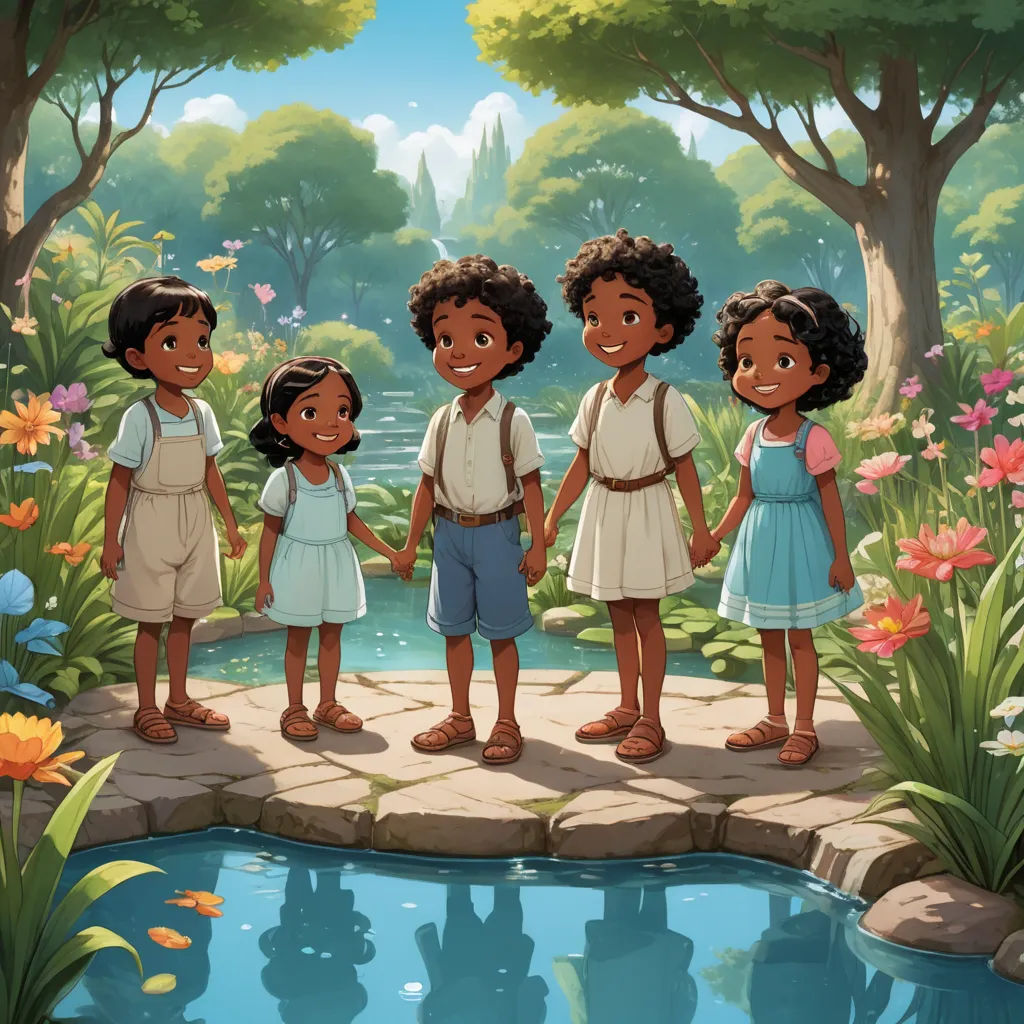 a group of children standing on a bridge over a pond in a park with flowers and trees around them, harlem renaissance, a storybook illustration, disney, official art