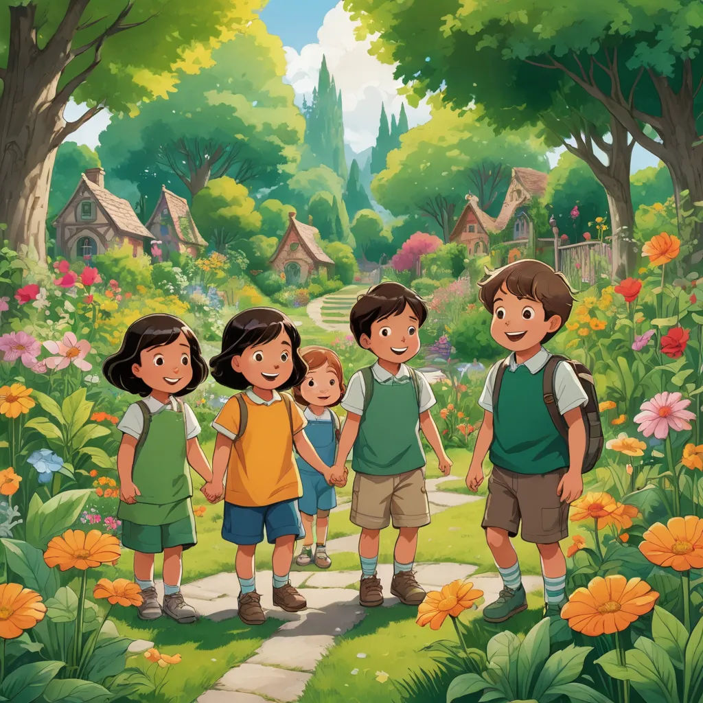 a group of children standing in a garden with flowers and trees in the background, with a path leading to a village, vancouver school, a storybook illustration, Fernando Amorsolo, promotional image
