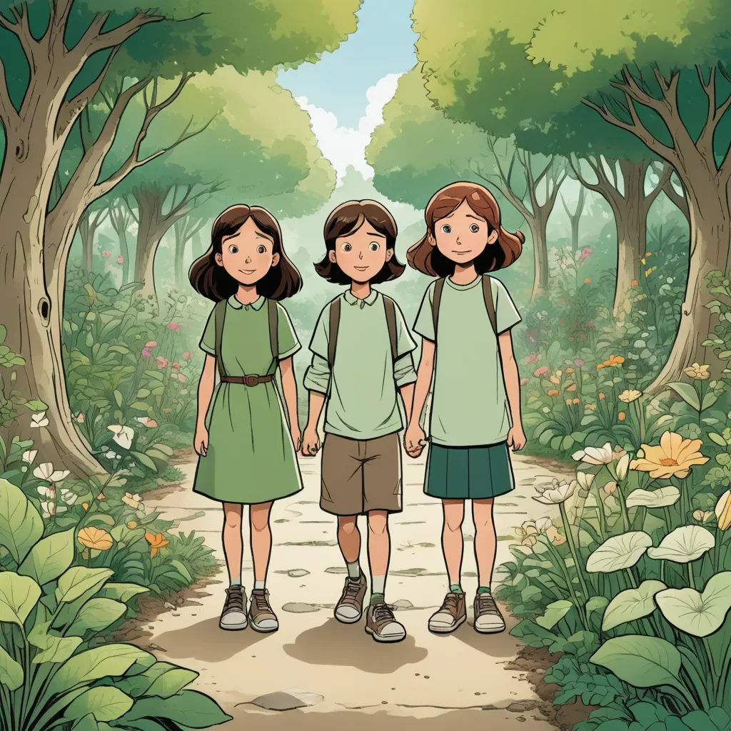 a couple of kids standing on a path in a forest with trees and flowers behind them, with a sky background, process art, a storybook illustration, Diego Gisbert Llorens, official art