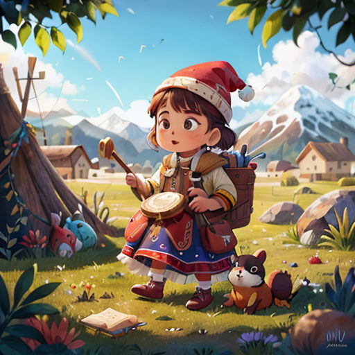 a girl in a red hat is playing a musical instrument in a field with a dog and a house