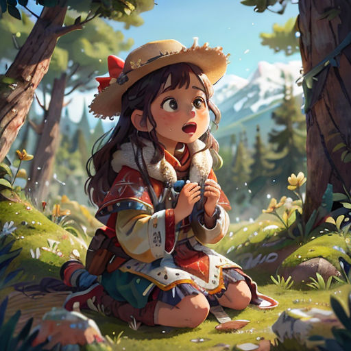 a girl in a hat and dress kneeling in the woods with a bird on her shoulder and a bird in her hand