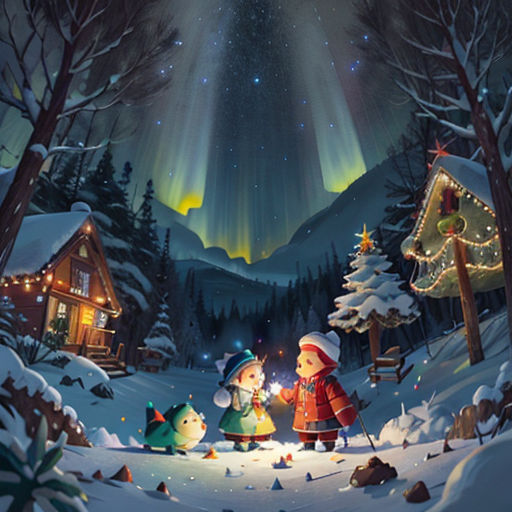 a painting of a christmas scene with a couple of people and a dog in the snow with a christmas tree