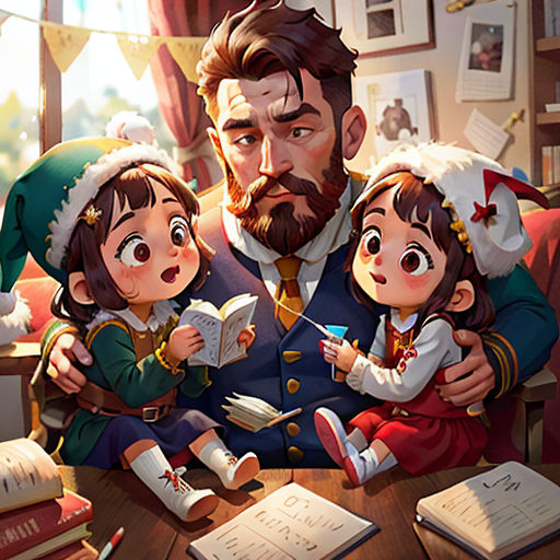 a man and two children sitting at a table with books and a book in front of them, with a christmas tree in the background