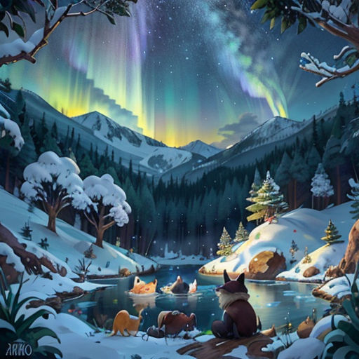 a painting of a forest with animals and a aurora bore in the sky above it, and a lake below