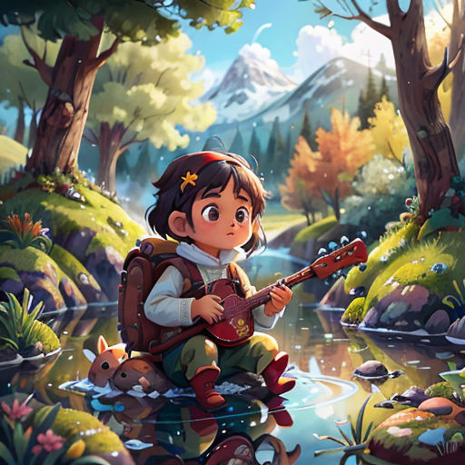 a young girl playing a guitar in a forest with a river and mountains in the background, with a forest scene in the background