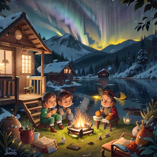 a painting of three children sitting around a campfire in the snow with an aurora bore in the background