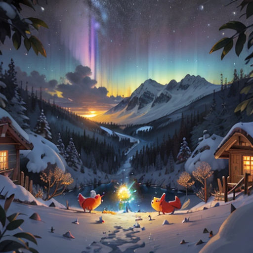 a painting of a snowy landscape with a cabin and a fire place in the middle of the night with the aurora lights