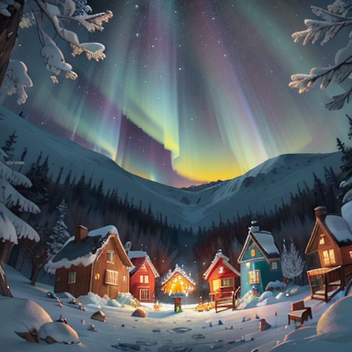 a painting of a snowy village with a aurora bore above it and a forest with trees and snow covered ground