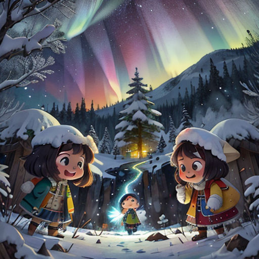 two children standing in the snow with a aurora bore in the background and a sky full of stars and aurora