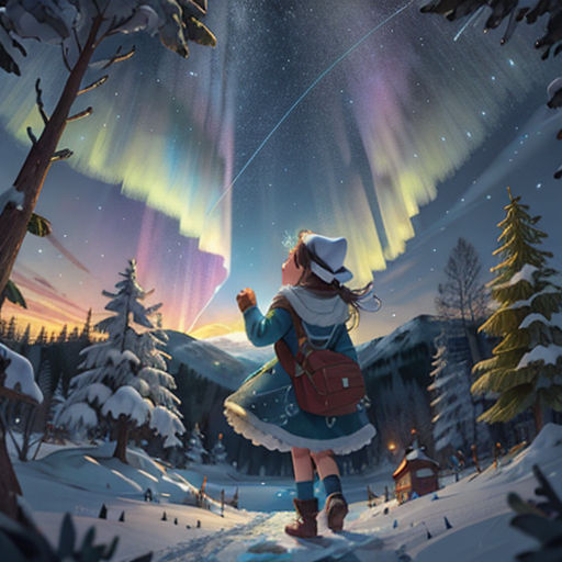 a girl in a dress is looking at the aurora bore in the sky above a snowy forest with trees