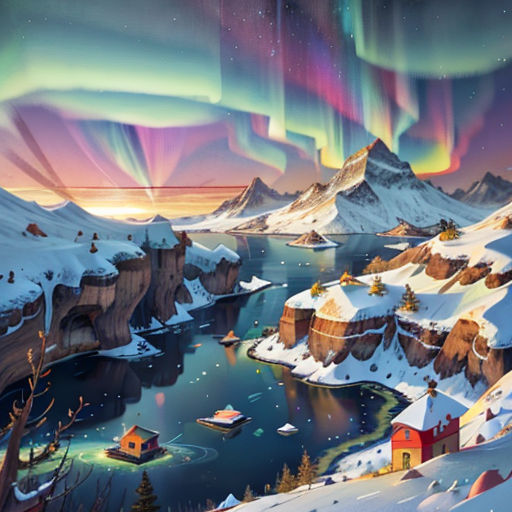 a painting of a snowy landscape with a aurora bore in the sky above it and a small cabin in the foreground