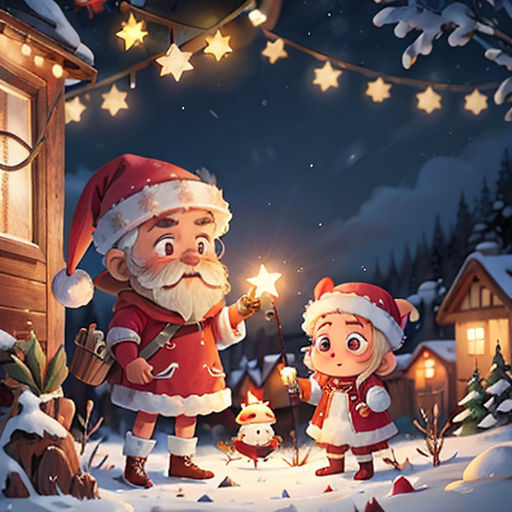 a christmas scene with santa and a little girl holding a sparkler in the snow and a man in a red suit