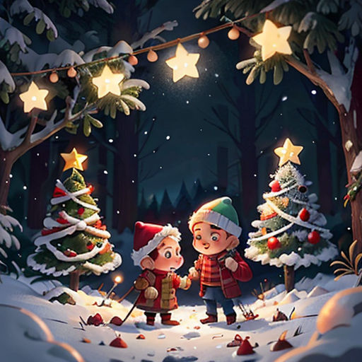 two children are standing in the snow near christmas trees and lights on a string of lights above them are stars