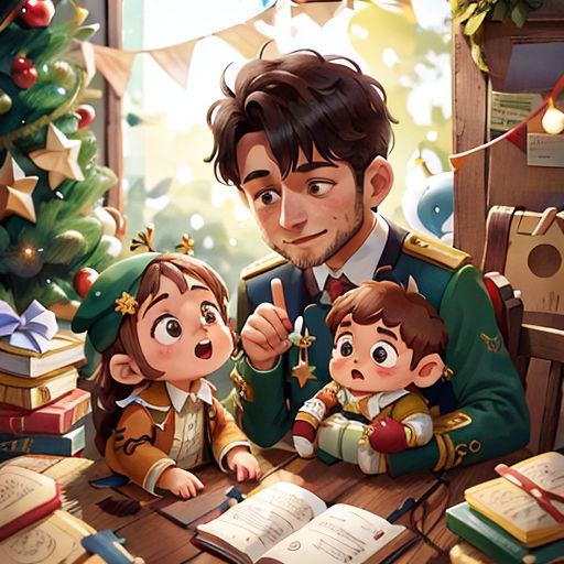 a man and two children sitting at a table with books and a christmas tree in the background, with a christmas tree in the background