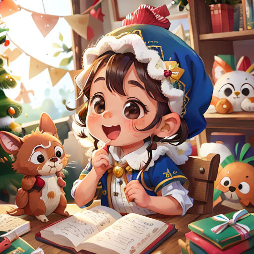 a little girl sitting at a table with a book and a cat next to her and a christmas tree