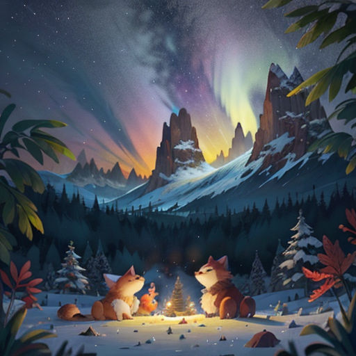 a painting of two foxes sitting in the snow at night with a bright aurora behind them and a mountain range in the distance