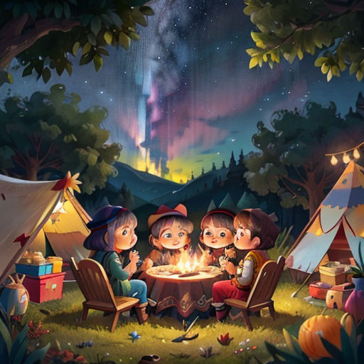 a group of children sitting around a campfire under a night sky with the aurora bore in the background