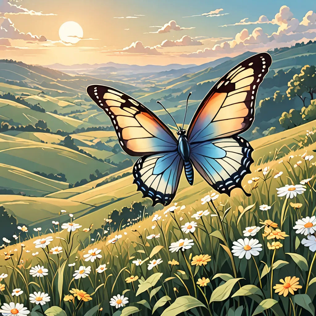 a butterfly flying over a lush green hillside covered in flowers and daisies at sunset with a sun setting, magic realism, a storybook illustration, Dan Mumford, nature