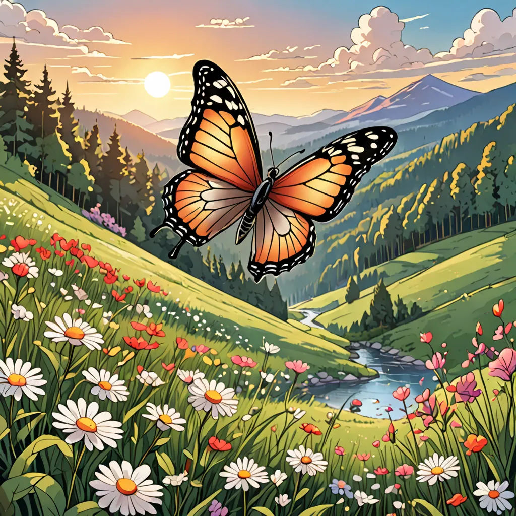 a butterfly flying over a lush green hillside covered in flowers and a river in the distance with a sunset in the background, environmental art, a storybook illustration, Dan Mumford, nature