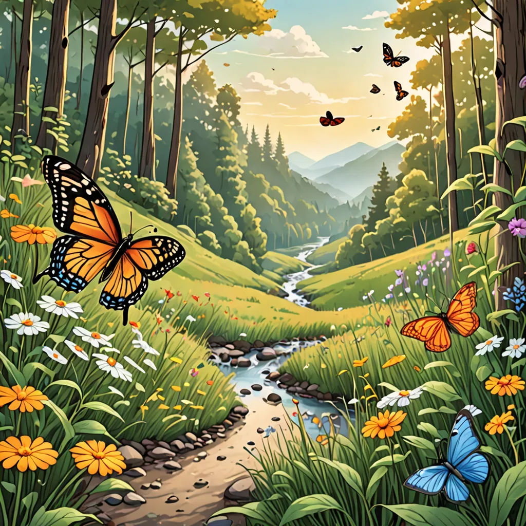a painting of a forest with a stream and butterflies flying over it and a stream running through the woods, magical realism, a storybook illustration, Dan Mumford, nature