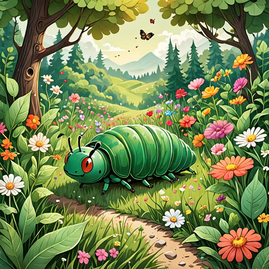 a green bug crawling in a lush green forest filled with flowers and trees, with a butterfly flying over the top of the picture, environmental art, a storybook illustration, Chris LaBrooy, storybook illustration
