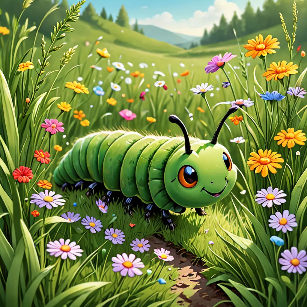 a green bug crawling through a field of flowers and grass with a forest in the background and a blue sky, sots art, a storybook illustration, Chris LaBrooy, trending on art station