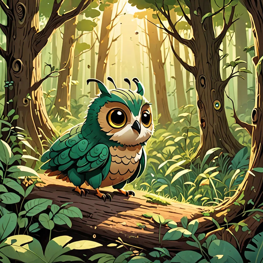 a green owl sitting on a log in a forest with trees and plants around it, with a bright light coming through the trees, fantasy art, a storybook illustration, Chris LaBrooy, josan gonzales and dan mumford