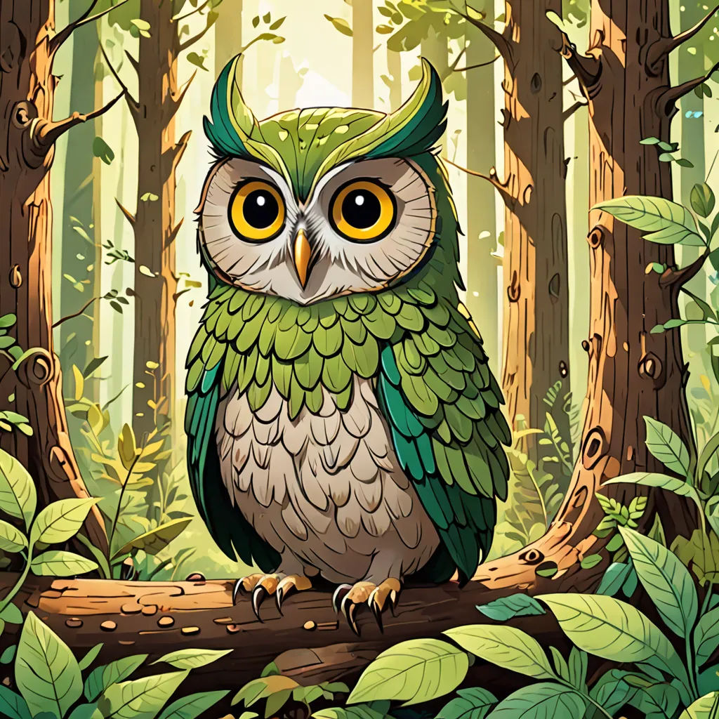 a green owl sitting on a branch in a forest with lots of leaves and trees around it, with a yellow eyes, fantasy art, a storybook illustration, Chris LaBrooy, storybook illustration