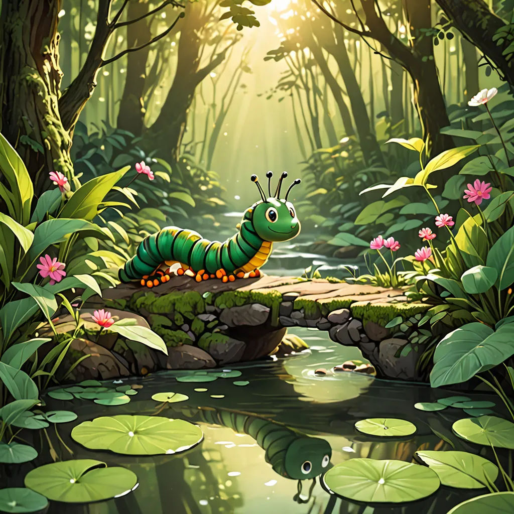 a very cute looking insect by a stream in a forest with lily pads and a pond of water lilies, fantasy art, a storybook illustration, Chris LaBrooy, magic the gathering artwork