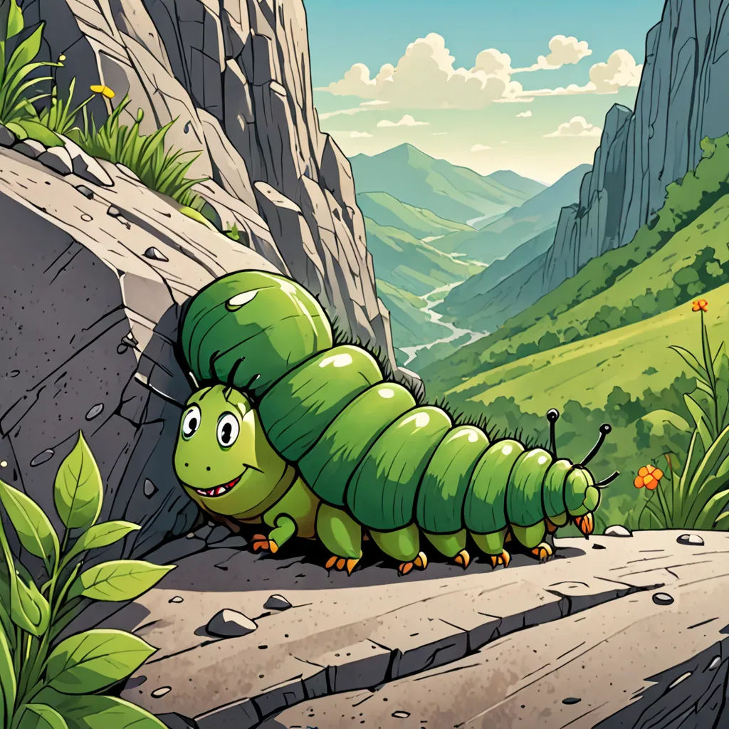 a green caterpillar crawling on a rock in a mountainous area with mountains in the background and a valley in the foreground, sots art, a storybook illustration, Chris LaBrooy, promotional image