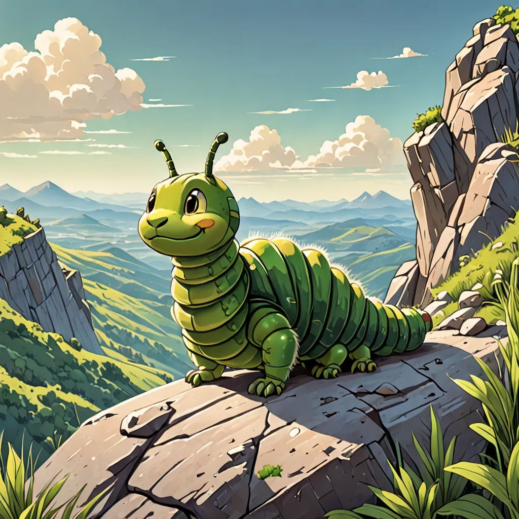 a green caterpillar sitting on a rock in the mountains with a view of the valley below it, environmental art, a storybook illustration, Chris LaBrooy, official art