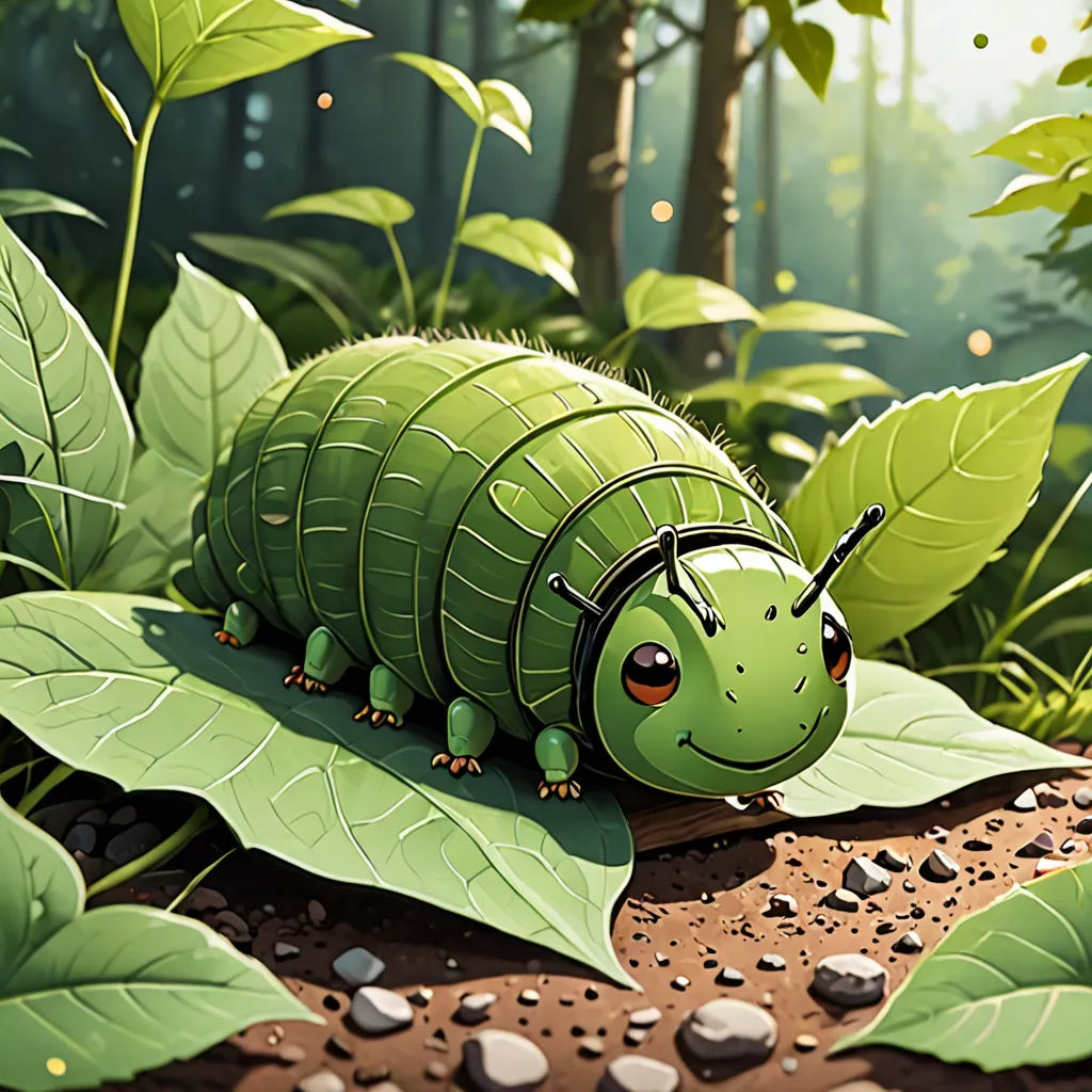 a green bug sitting on top of a leaf covered ground next to a forest filled with green leaves and rocks, fantasy art, a digital painting, Chris LaBrooy, ultra realistic digital art