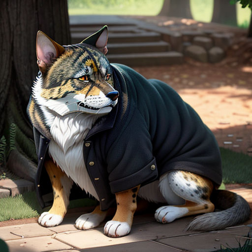 a cat dressed in a jacket sitting on a brick walkway next to a tree and a bench in the background