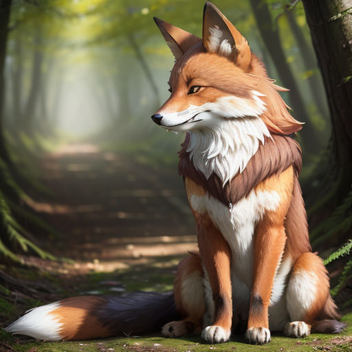 a fox sitting in the middle of a forest with a trail in the background and a light coming through the trees