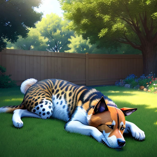 a painting of a dog laying on the grass in a yard with a fence in the background and a tree in the foreground