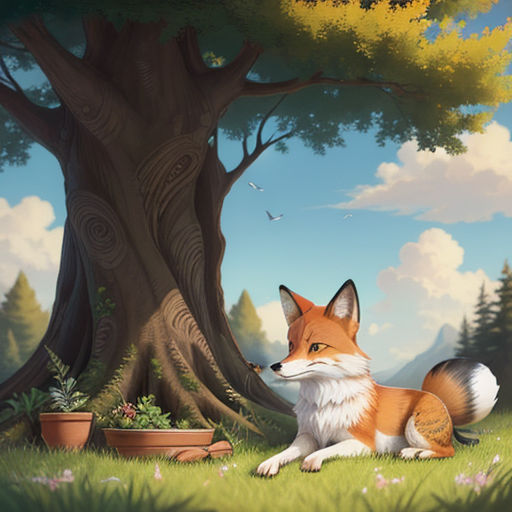 a painting of a fox sitting in the grass under a tree with a bird flying overhead and a potted plant in the foreground