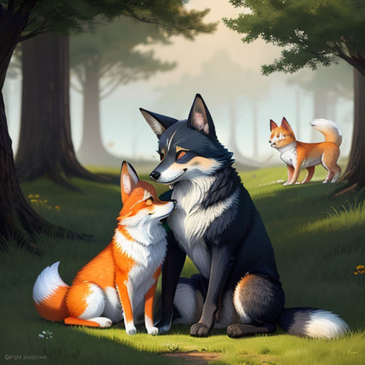 a painting of two foxes sitting in the grass next to a forest with trees and flowers on the ground