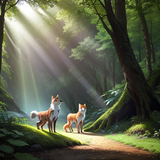 two foxes are standing in the middle of a forest with sunlight streaming through the trees and a path leading to them