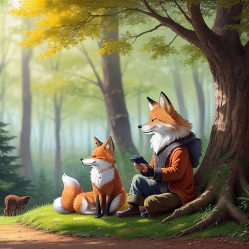 a man sitting on a grass covered field next to a forest filled with animals and a dog next to a tree