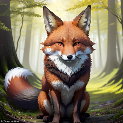 a red fox sitting in a forest with a forest background and trees in the background, with a bright light coming from the top of the fox's head