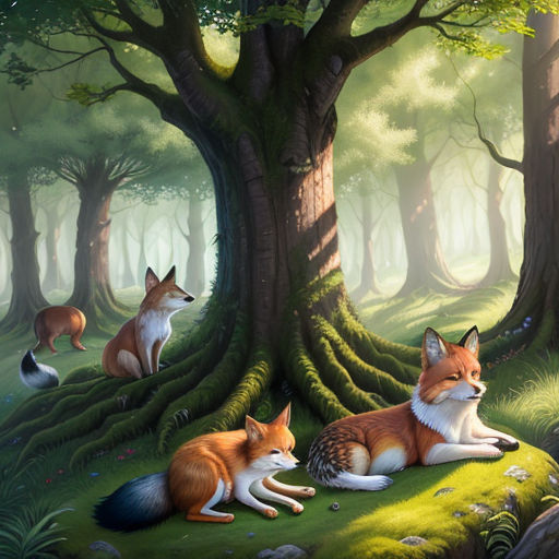 a painting of two foxes in a forest with a tree and rocks in the foreground and a third fox in the background