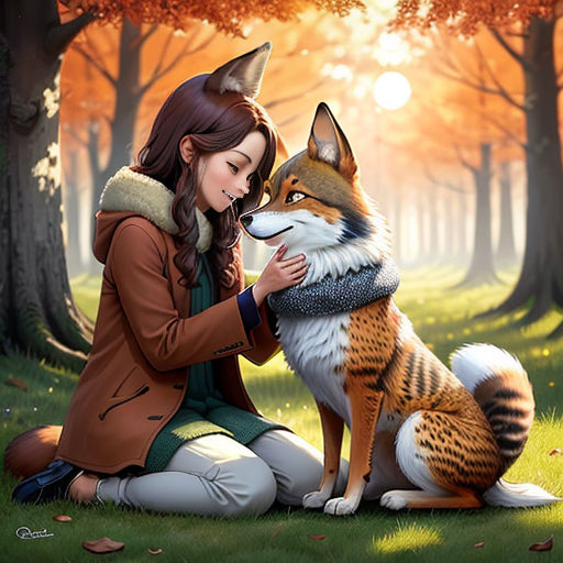 a woman sitting on the ground with a dog in her lap and a forest background with trees and leaves