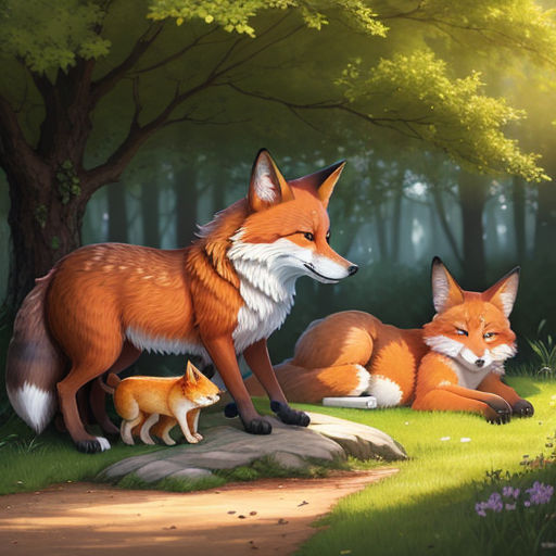 a painting of a fox and her cubs in a forest setting with a path leading to a tree and a path leading to a path leading to a forest