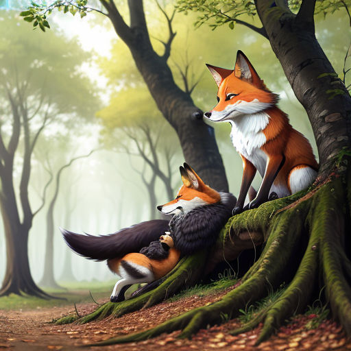 a painting of two foxes sitting on a tree trunk in a forest with a dog on the ground and another animal standing on the ground