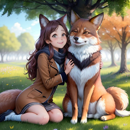 a girl is hugging a fox in a field of grass and trees with a tree in the background and a dog in the foreground