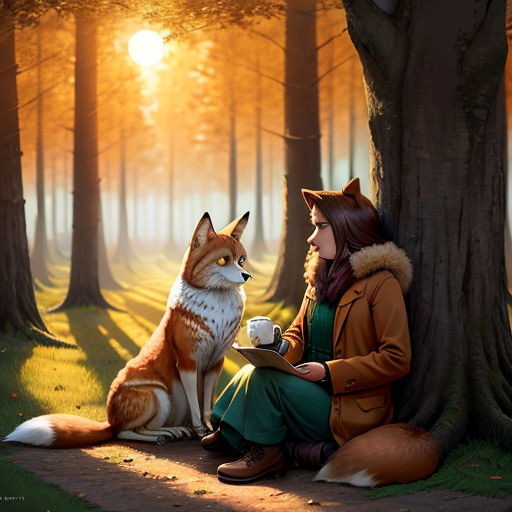 a woman sitting on a path next to a fox in the woods with a cup of coffee in her hand