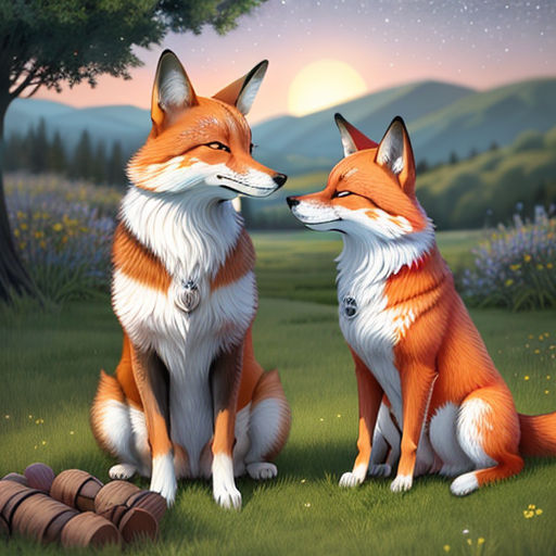 two foxes sitting in the grass with a tree in the background and a moon in the sky above them