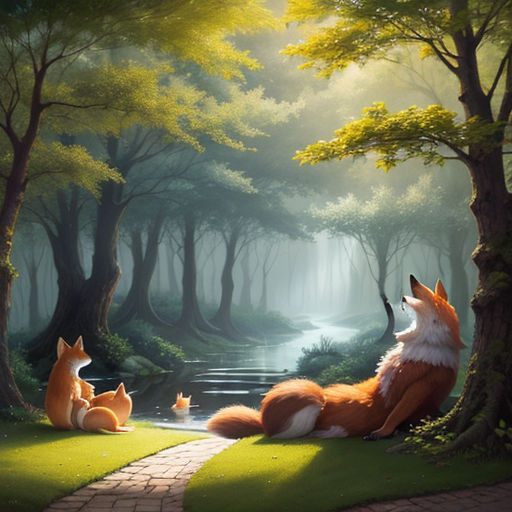 a painting of a fox and her cubs in a forest setting with a stream running through the woods, and a path leading to the woods