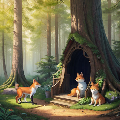 a painting of two foxes in a forest with a small cabin in the background and a dog in the foreground